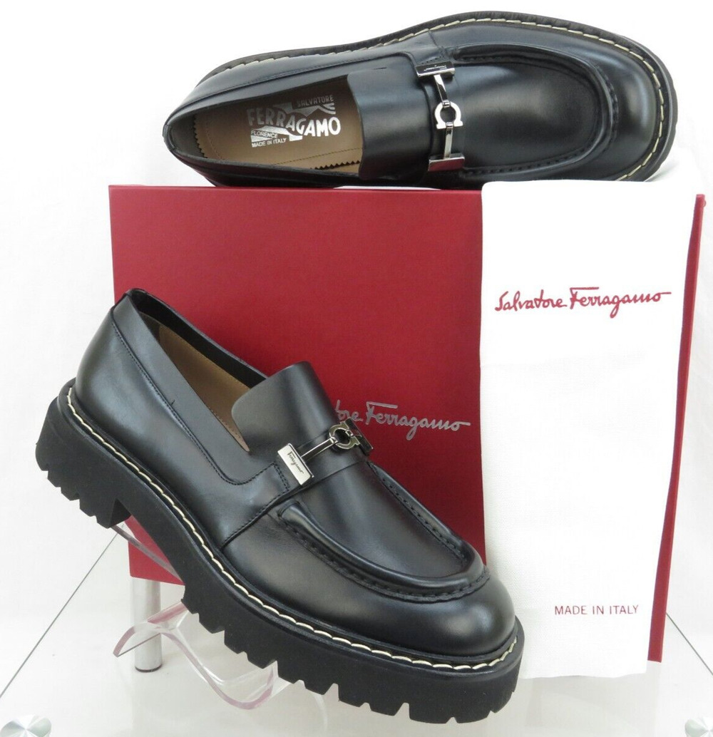 NIB FERRAGAMO IGNAZIO BLACK LEATHER GANCIO BIT LOGO LUG PLATFORM LOAFERS 12 M